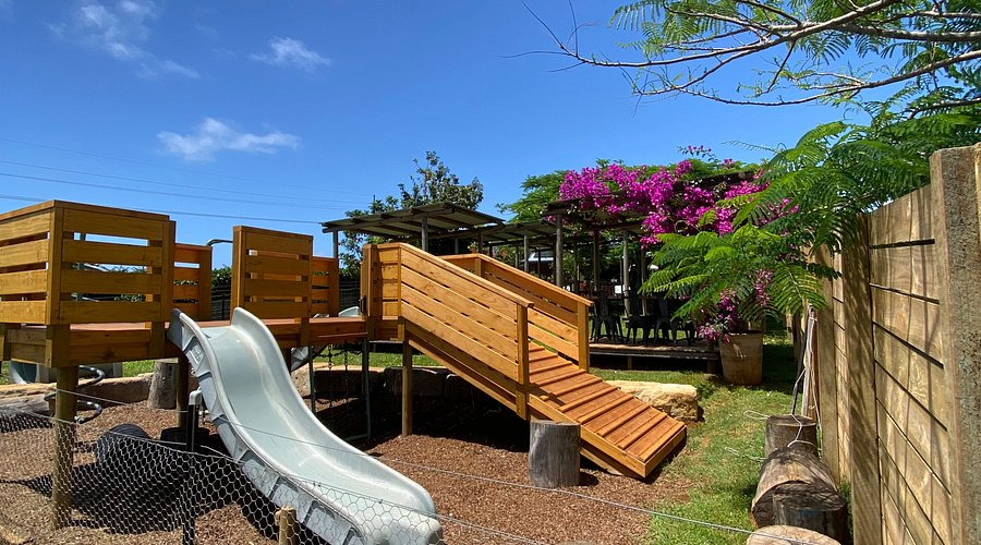 A timber playground with a slide and leafy outdoor seating for families
